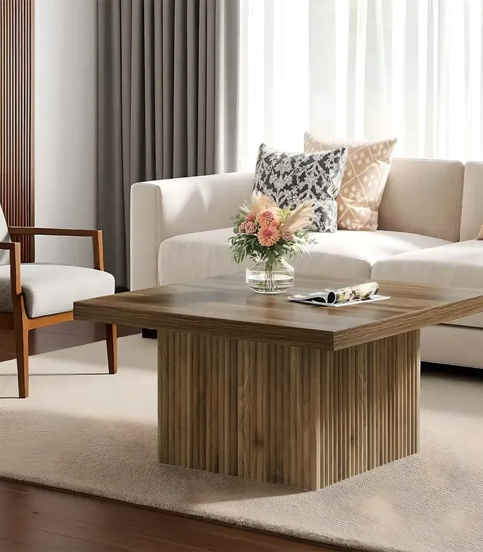 Square Grooved Wood Tea Table Nordic Base Detail