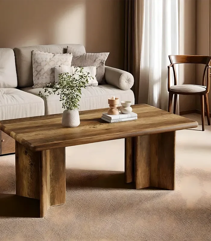 Natural Wood Tea Table Column Leg Modern Style
